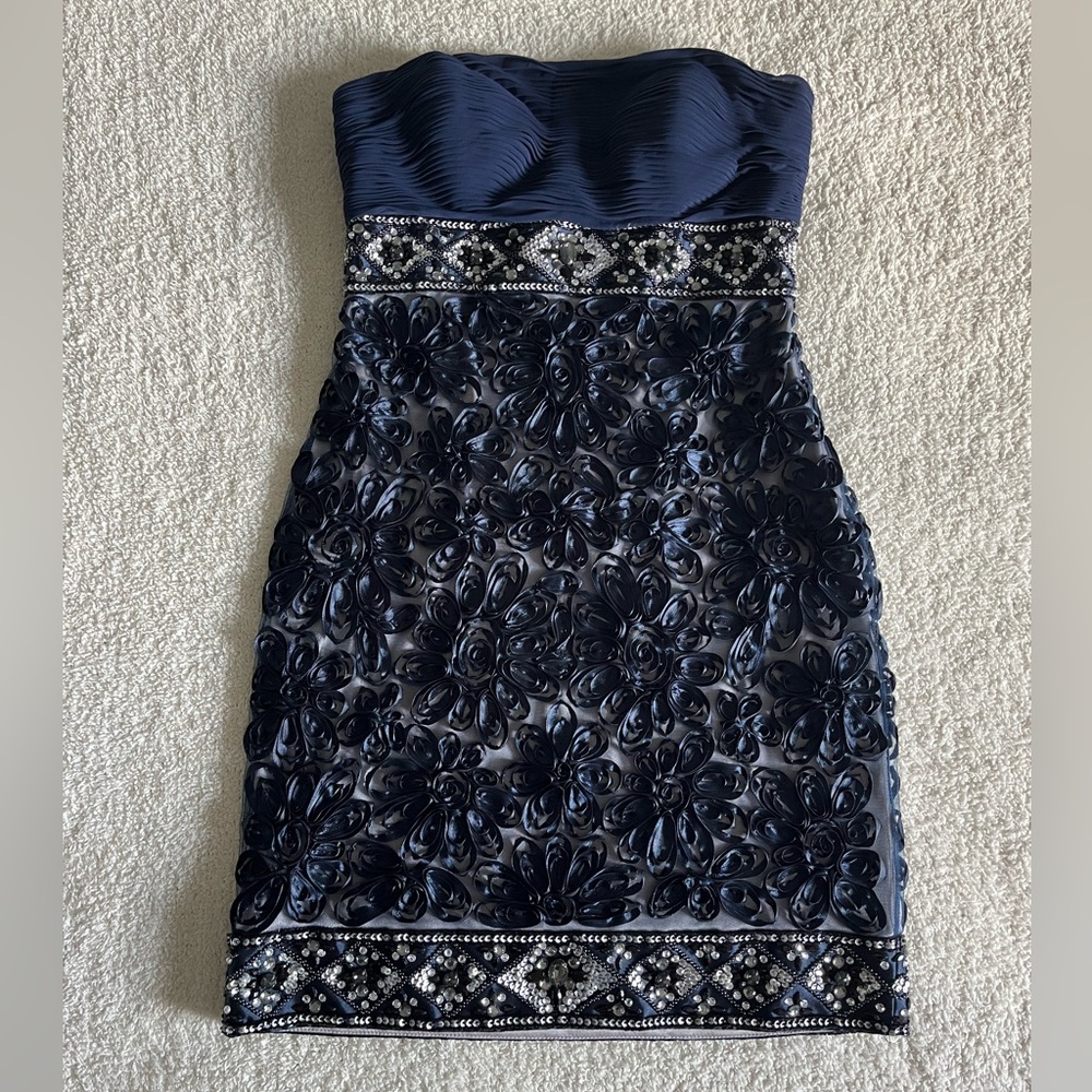 Sue Wong Strapless Navy Dress with Beaded Embellishments